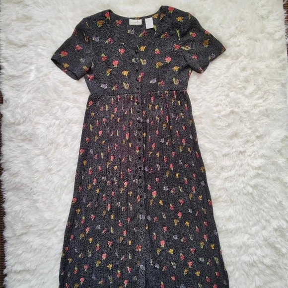 Liz Claiborne Dresses & Skirts - Vtg Liz Claiborne Babydoll Maxi‎ Dress Black Polka Dot Ditsy Floral Whimsigoth 8